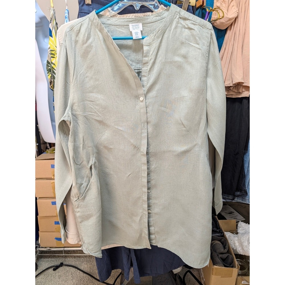 Sigrid Olsen Linen Band Collar Tunic Shirt Womens XL Sage Green Roll Tab Sleeve